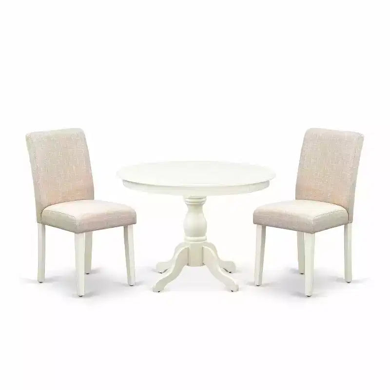 3-Piece Linen White Finish Solid Wood Top-Round Dining Room Set with High Back-Seats 4