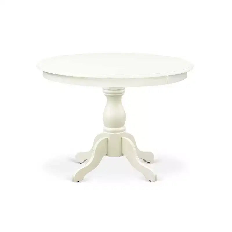 Ensemble de salle à manger 3 pièces, finition blanc lin, plateau en bois massif, forme ronde, sièges à dossier haut, capacité 4 personnes