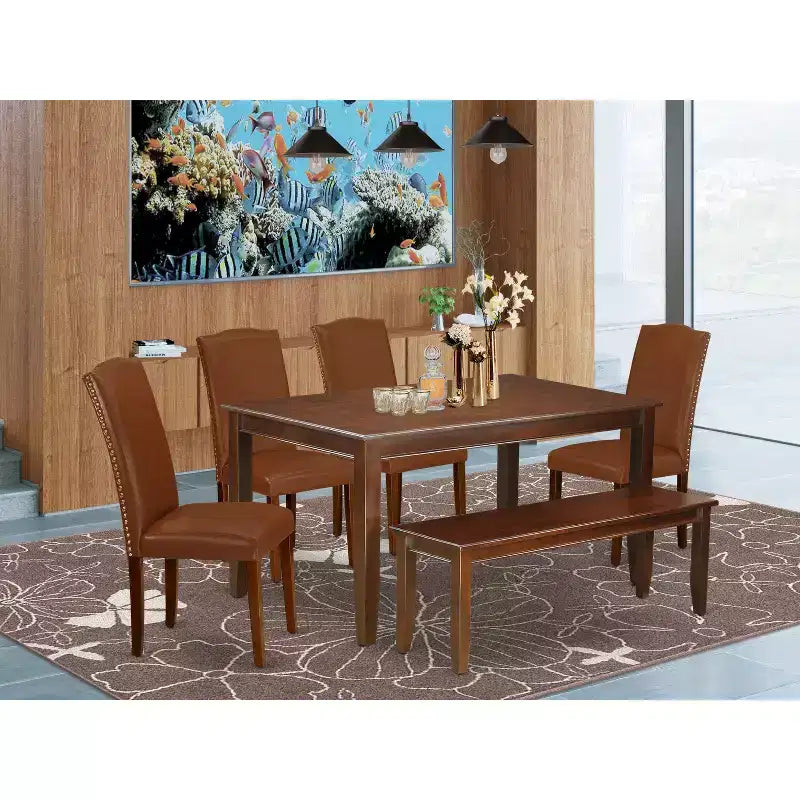 HomeStock – Table de salle à manger rectangulaire 6 pièces avec plateau en bois massif fini acajou, 1 banc et 4 chaises à dossier à lattes