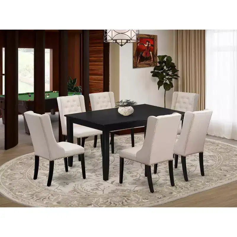 Table de salle à manger HomeStock 7 pièces rectangulaire au fini noir avec plateau en bois massif et 6 chaises