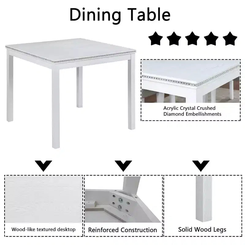 CLIHOME Ensemble de salle à manger 5 pièces en bois, ensemble de table de décoration de cuisine en cristal avec table carrée et 4 chaises rembourrées