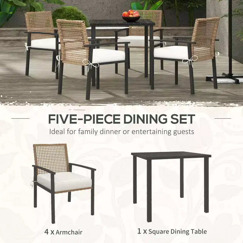 Ensemble repas d'extérieur 5 pièces pour 4 personnes, salon de jardin en rotin tressé, table et chaises de patio avec coussins, table carrée en métal
