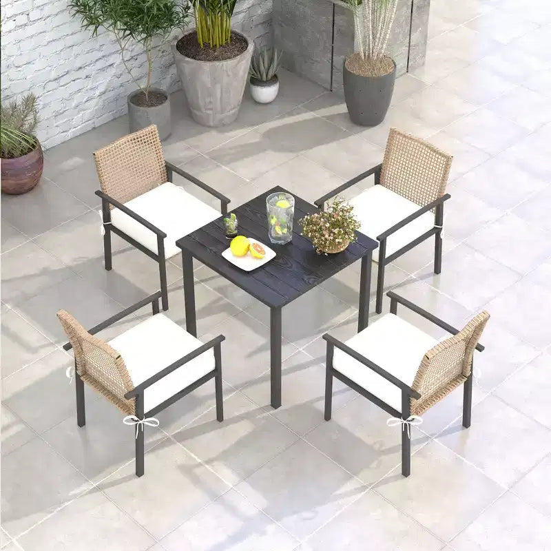 Ensemble repas d'extérieur 5 pièces pour 4 personnes, salon de jardin en rotin tressé, table et chaises de patio avec coussins, table carrée en métal