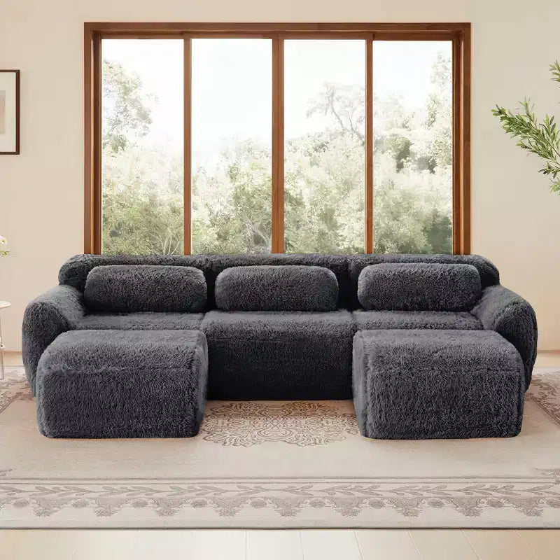 Canapé d'angle en U marron sans accoudoirs de 291 cm avec coussins décoratifs et 2 poufs, éponge haute densité 32D, pour salons