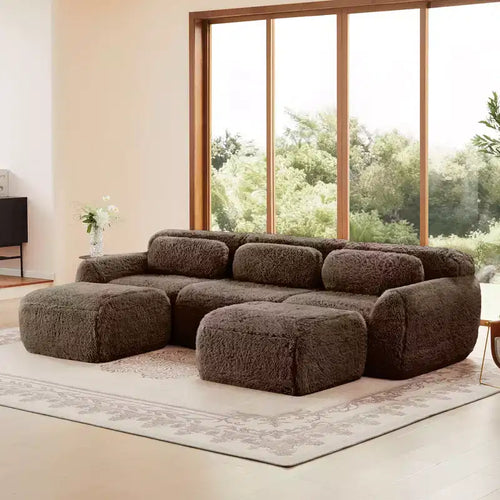 Canapé d'angle en U marron sans accoudoirs de 291 cm avec coussins décoratifs et 2 poufs, éponge haute densité 32D, pour salons