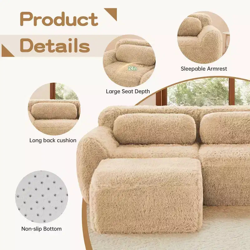 Canapé d'angle en U marron sans accoudoirs de 291 cm avec coussins décoratifs et 2 poufs, éponge haute densité 32D, pour salons
