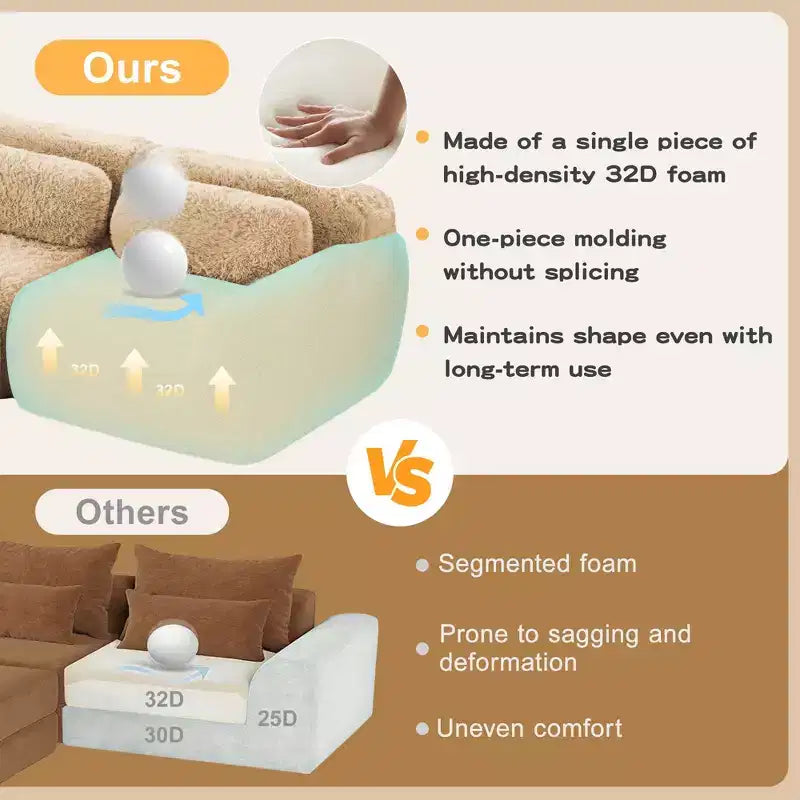 Canapé d'angle en U marron sans accoudoirs de 291 cm avec coussins décoratifs et 2 poufs, éponge haute densité 32D, pour salons