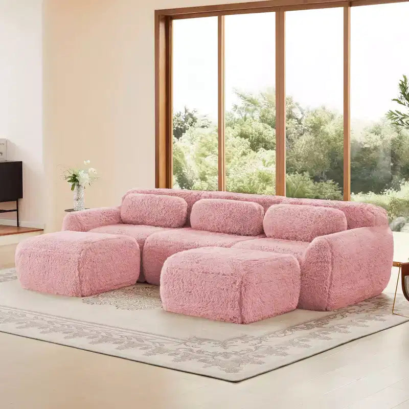 Canapé d'angle en U marron sans accoudoirs de 291 cm avec coussins décoratifs et 2 poufs, éponge haute densité 32D, pour salons
