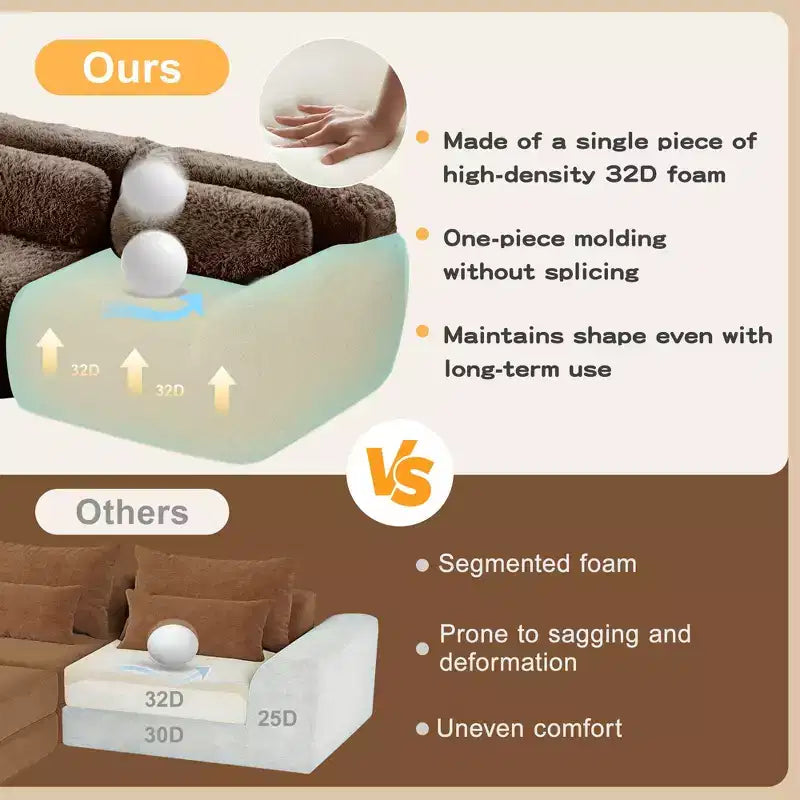 Canapé d'angle en U marron sans accoudoirs de 291 cm avec coussins décoratifs et 2 poufs, éponge haute densité 32D, pour salons