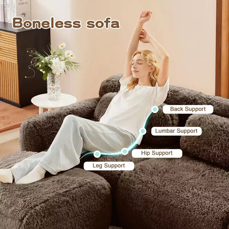 Canapé d'angle en U marron sans accoudoirs de 291 cm avec coussins décoratifs et 2 poufs, éponge haute densité 32D, pour salons