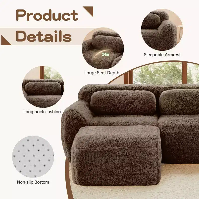 Canapé d'angle en U marron sans accoudoirs de 291 cm avec coussins décoratifs et 2 poufs, éponge haute densité 32D, pour salons