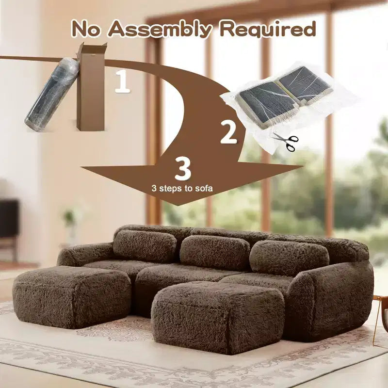 Canapé d'angle en U marron sans accoudoirs de 291 cm avec coussins décoratifs et 2 poufs, éponge haute densité 32D, pour salons