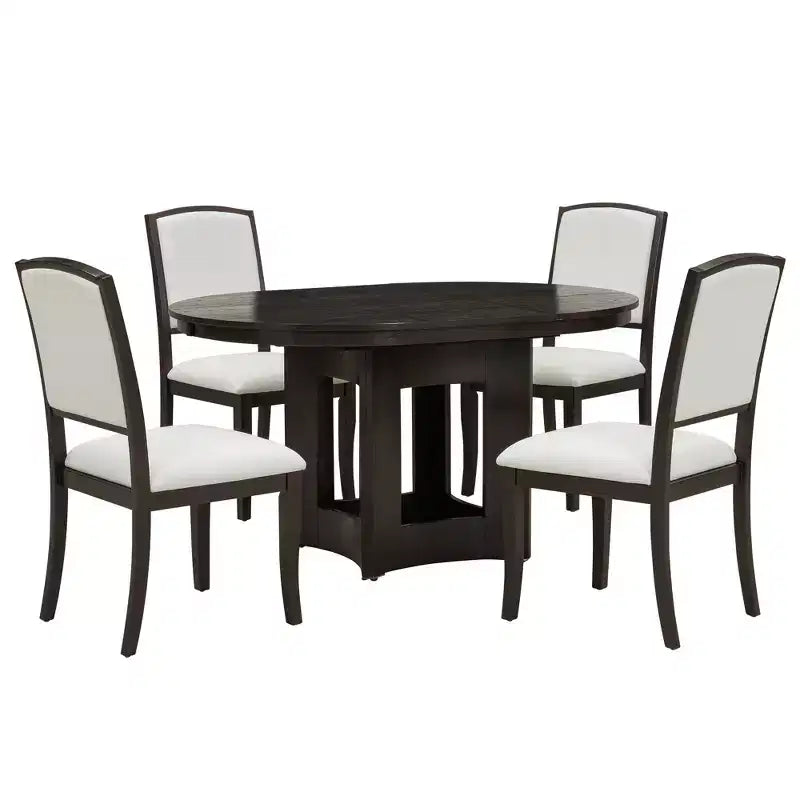 Ensemble de salle à manger ferme avec table ronde extensible pour 4 personnes, ensemble de table de cuisine 5 pièces avec rallonge amovible et 4 chaises rembourrées