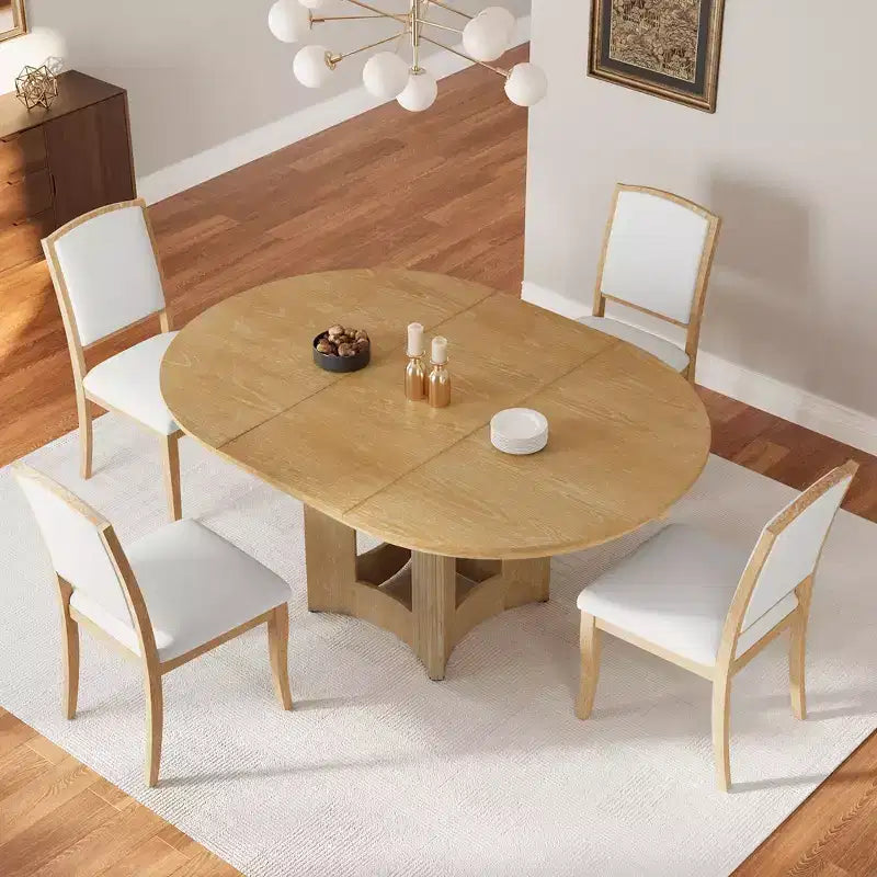Ensemble de salle à manger ferme avec table ronde extensible pour 4 personnes, ensemble de table de cuisine 5 pièces avec rallonge amovible et 4 chaises rembourrées