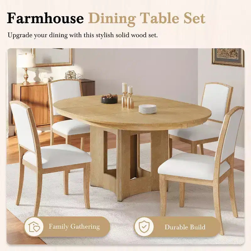 Ensemble de salle à manger ferme avec table ronde extensible pour 4 personnes, ensemble de table de cuisine 5 pièces avec rallonge amovible et 4 chaises rembourrées