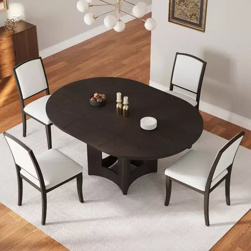 Ensemble de salle à manger ferme avec table ronde extensible pour 4 personnes, ensemble de table de cuisine 5 pièces avec rallonge amovible et 4 chaises rembourrées