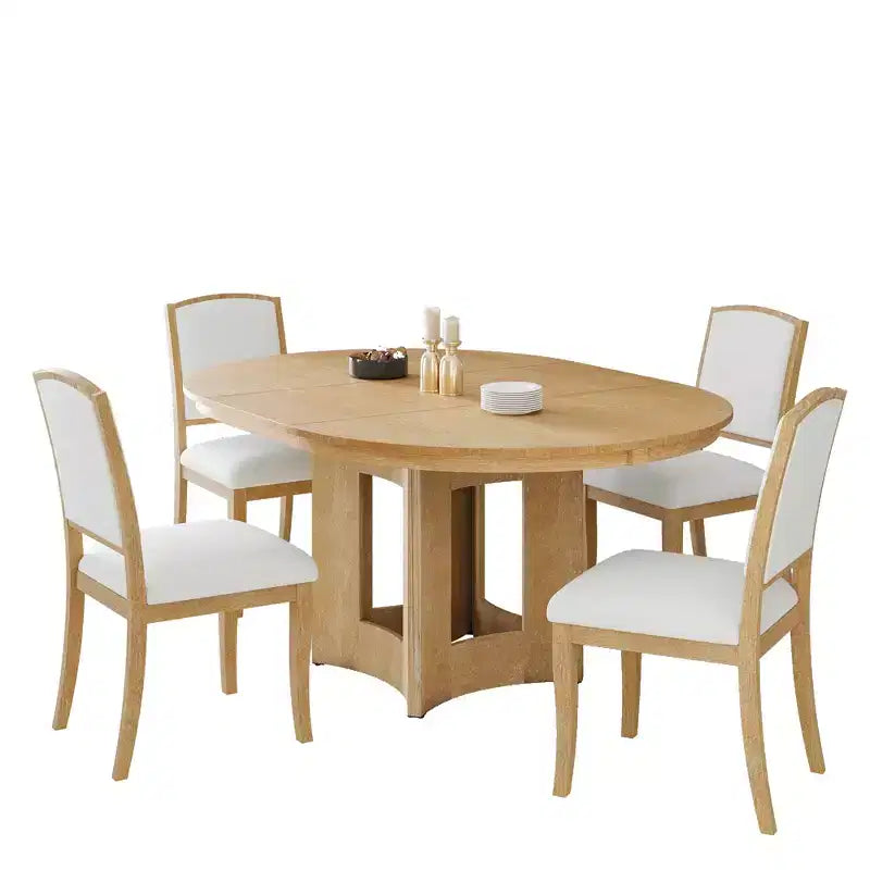 Ensemble de salle à manger ferme avec table ronde extensible pour 4 personnes, ensemble de table de cuisine 5 pièces avec rallonge amovible et 4 chaises rembourrées