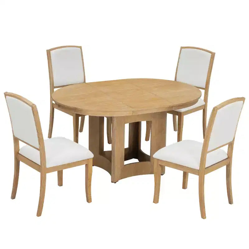 Ensemble de salle à manger ferme avec table ronde extensible pour 4 personnes, ensemble de table de cuisine 5 pièces avec rallonge amovible et 4 chaises rembourrées