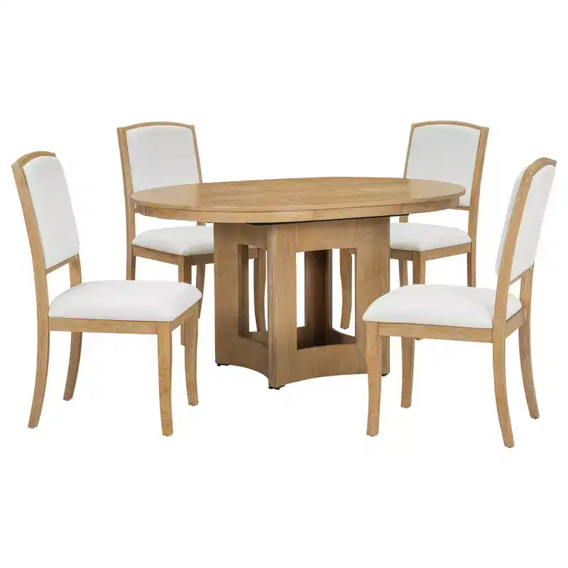 Ensemble de salle à manger ferme avec table ronde extensible pour 4 personnes, ensemble de table de cuisine 5 pièces avec rallonge amovible et 4 chaises rembourrées