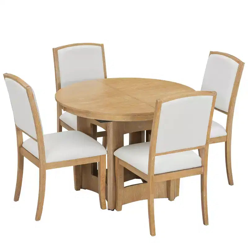 Ensemble de salle à manger ferme avec table ronde extensible pour 4 personnes, ensemble de table de cuisine 5 pièces avec rallonge amovible et 4 chaises rembourrées