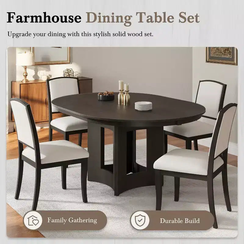 Ensemble de salle à manger ferme avec table ronde extensible pour 4 personnes, ensemble de table de cuisine 5 pièces avec rallonge amovible et 4 chaises rembourrées