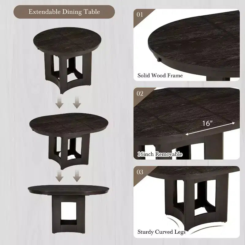 Ensemble de salle à manger ferme avec table ronde extensible pour 4 personnes, ensemble de table de cuisine 5 pièces avec rallonge amovible et 4 chaises rembourrées