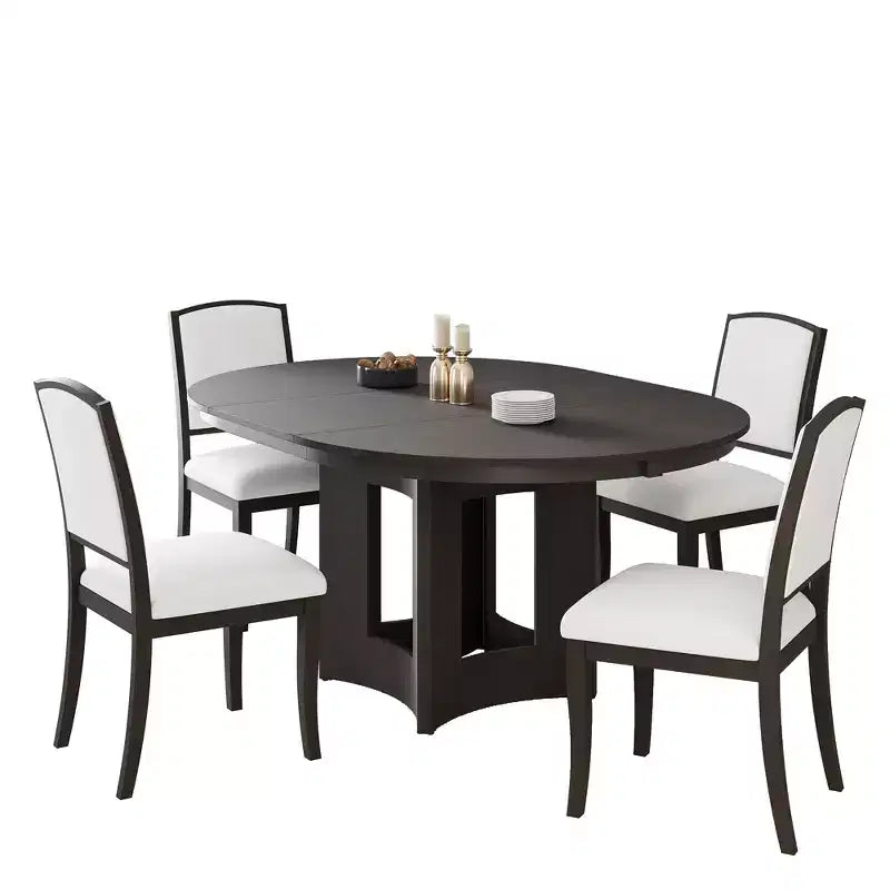 Ensemble de salle à manger ferme avec table ronde extensible pour 4 personnes, ensemble de table de cuisine 5 pièces avec rallonge amovible et 4 chaises rembourrées
