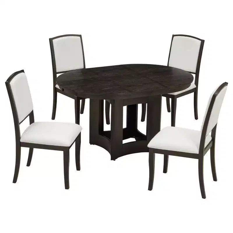 Ensemble de salle à manger ferme avec table ronde extensible pour 4 personnes, ensemble de table de cuisine 5 pièces avec rallonge amovible et 4 chaises rembourrées