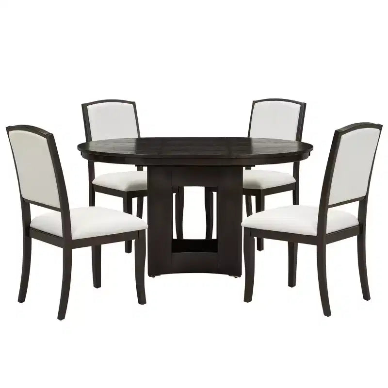 Ensemble de salle à manger ferme avec table ronde extensible pour 4 personnes, ensemble de table de cuisine 5 pièces avec rallonge amovible et 4 chaises rembourrées