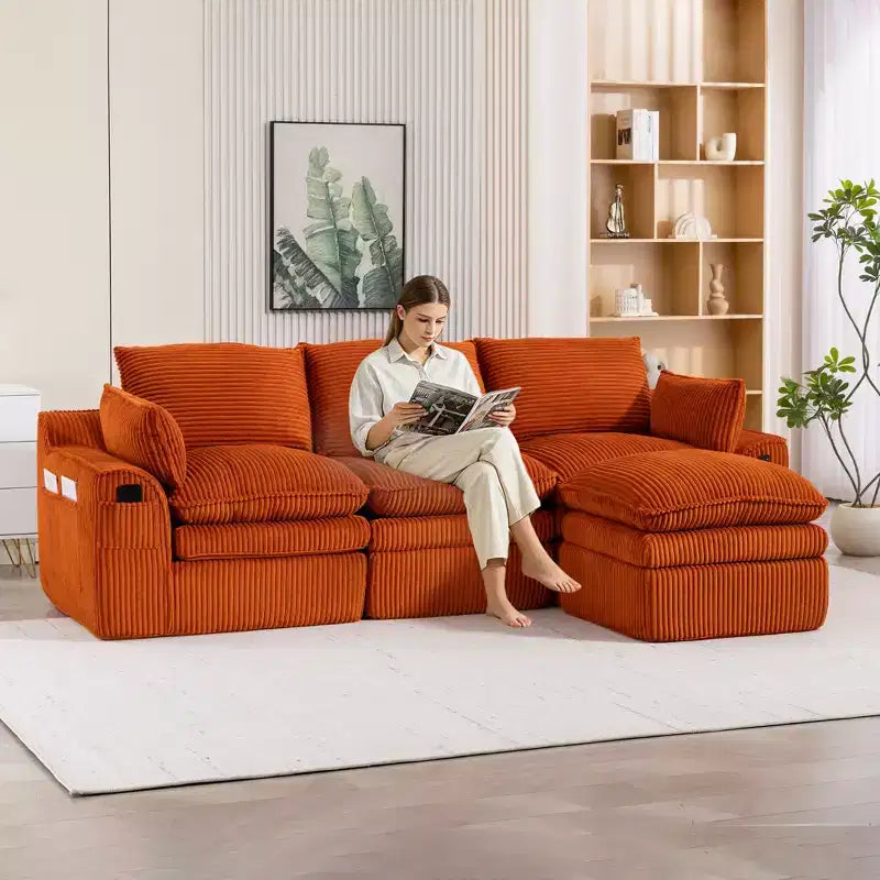 Canapé d'angle en forme de L, canapé en velours côtelé avec pouf mobile, canapé d'angle modulaire compressé pour salon - ModernLuxe