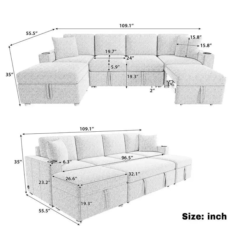 109.1 Canapé d'angle convertible, lit gigogne, canapé en L avec pouf de rangement mobile