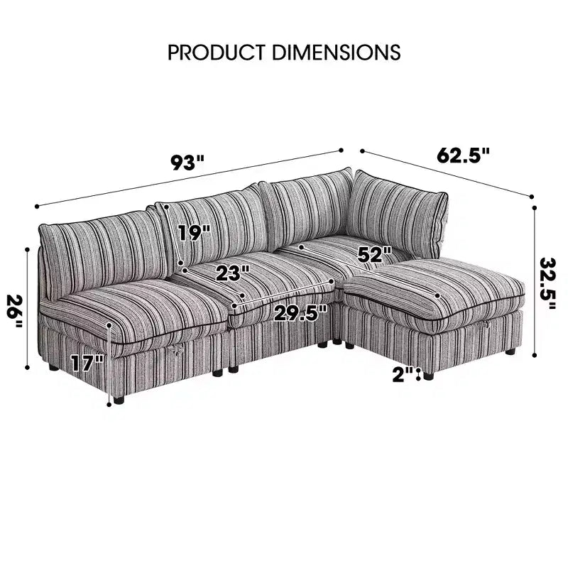 Canapé deux places GDFStudio Jeju avec rangement et deux poufs, 152 cm