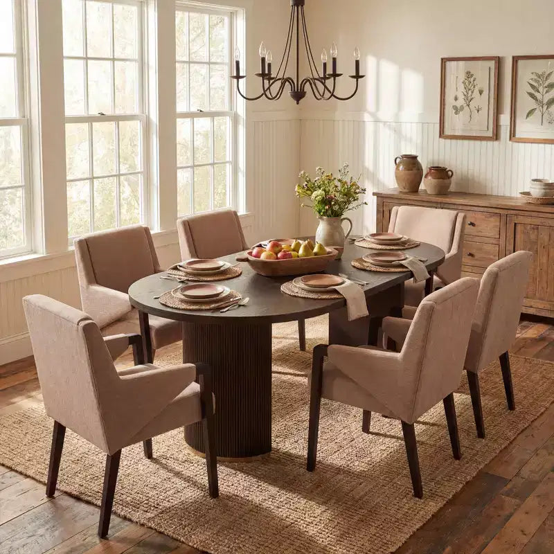Ensemble de salle à manger moderne 7 pièces Christopher Knight Home Anand en bois d'hévéa avec revêtement en lin et table ovale à piédestal