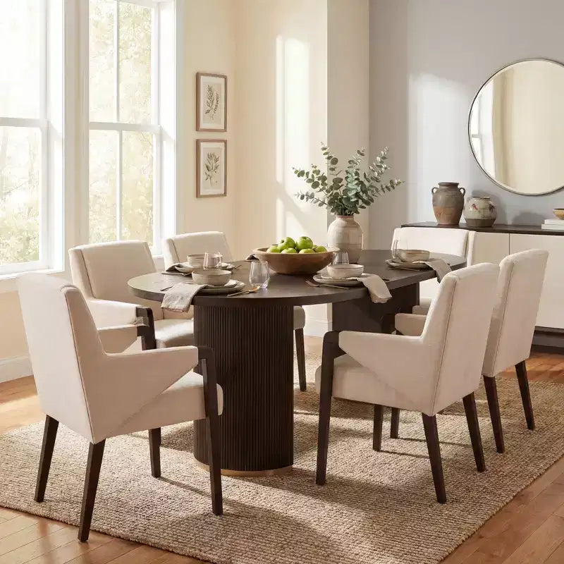 Ensemble de salle à manger moderne 7 pièces Christopher Knight Home Anand en bois d'hévéa avec revêtement en lin et table ovale à piédestal