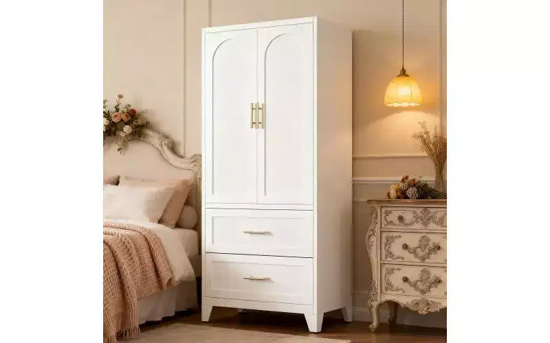 JVNOXK Armoire Métallique de 180 cm de Haut avec 2 Tiroirs et Tringle à Vêtements, Penderie à 2 Portes avec Étagère pour Chambre à Coucher, Blanc
