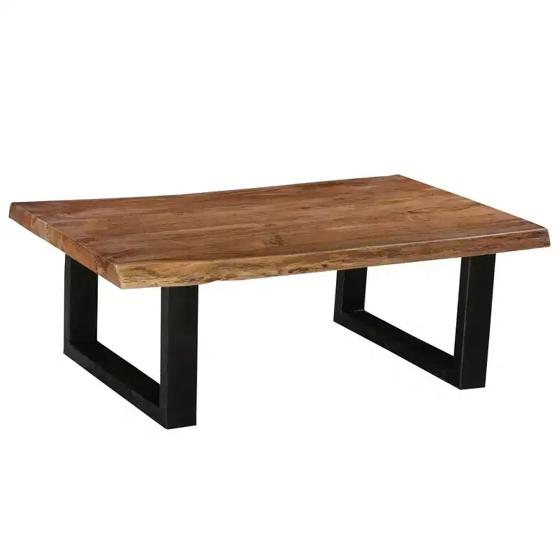Table basse rectangulaire Urban Port 45 en bois d’acacia, détails de bord naturel, piètement en métal thermolaqué noir, brun naturel