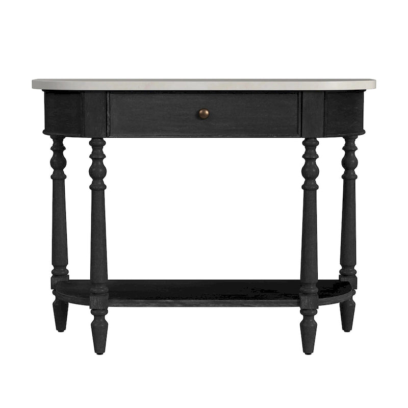 Table console avec plateau en marbre – Marron clair / gris / noir délavé, demi-lune, montage par une personne