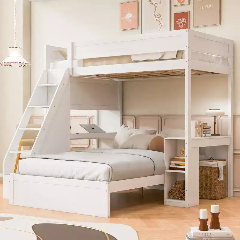 Lit superposé simple XL sur double avec bureau et USB, en bois massif avec étagères latérales et rangement sous le lit