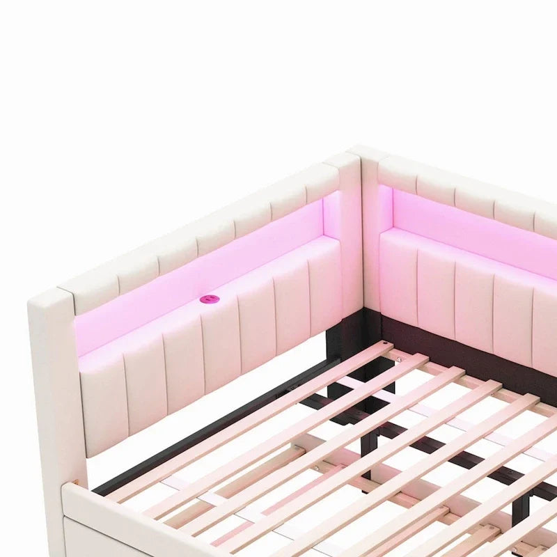 Lit plateforme rembourré avec ports USB et éclairage LED - Cadre de lit double/simple avec 2 tiroirs de rangement - Chambre moderne