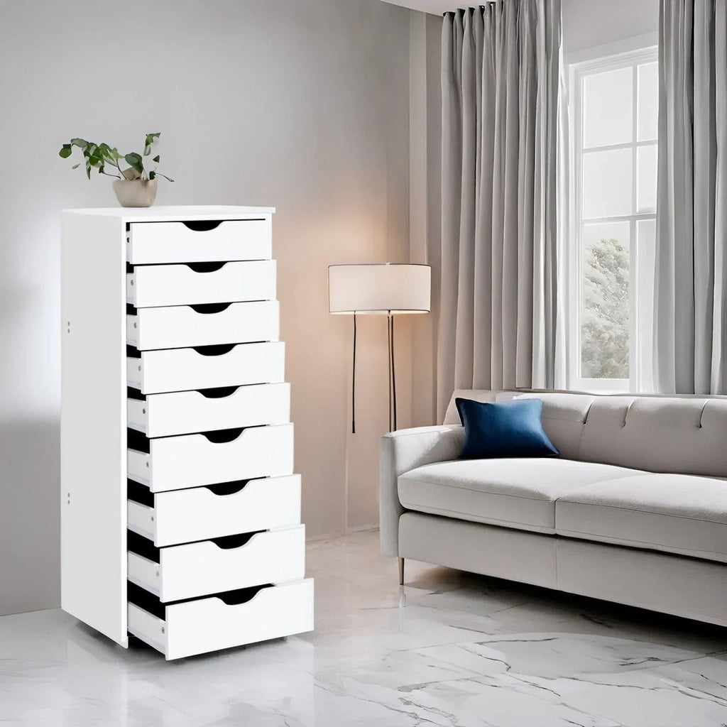 Meuble étroit en bois à 9 tiroirs avec coulisses fluides et étagère de rangement supérieure