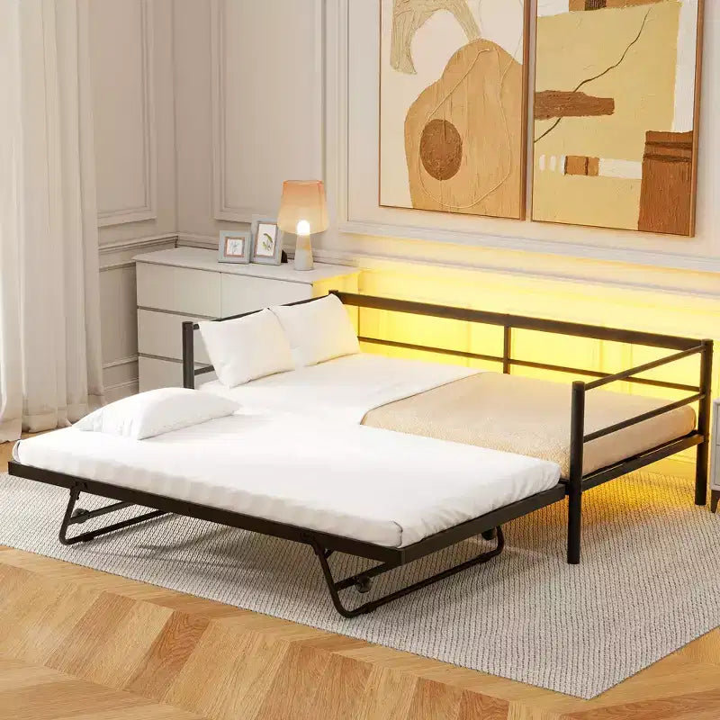 Lit de repos double en métal Adam GDFStudio avec éclairage DEL et lit gigogne relevable