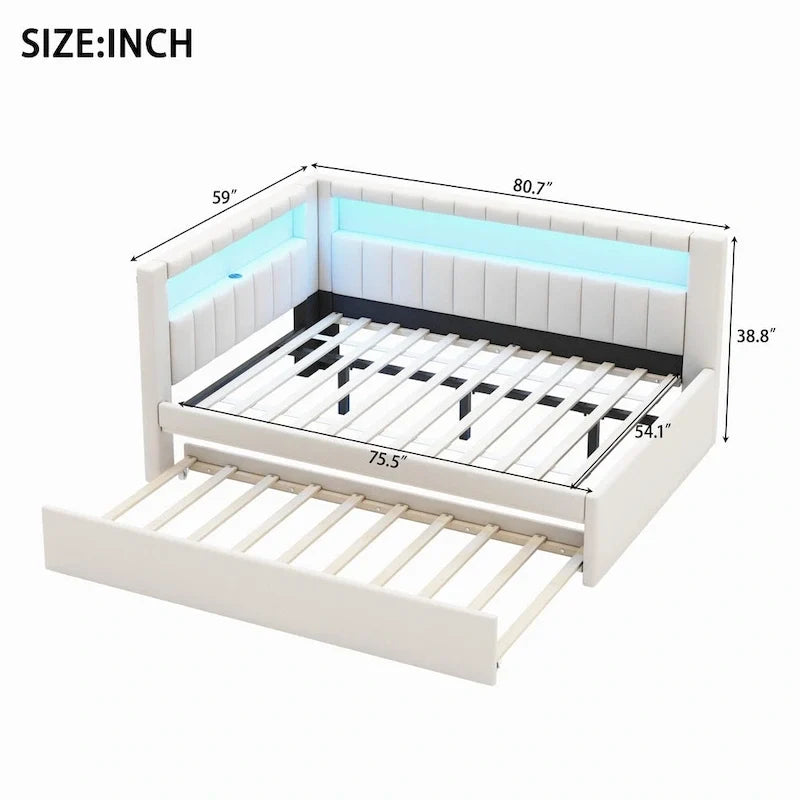 Lit plateforme rembourré avec ports USB et éclairage LED - Cadre de lit double/simple avec 2 tiroirs de rangement - Chambre moderne
