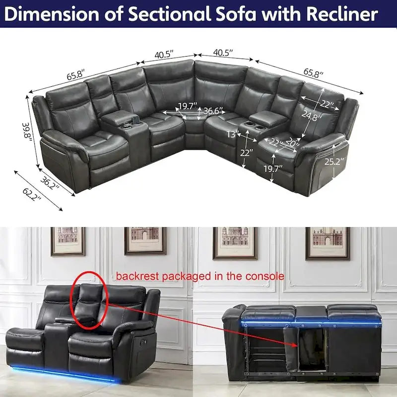 Canapé d'angle inclinable électrique avec lumières LED, fauteuil inclinable en similicuir, porte-gobelets en forme de L, port USB pour salon noir