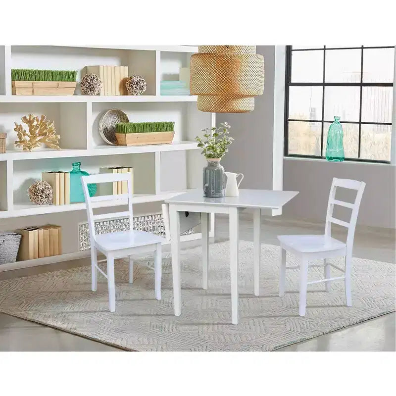 Tate Dual Drop Leaf Dining Set with 2 Madrid Ladderback Chairs White: Parawood, Mid-Century Style, 3-Piece Set