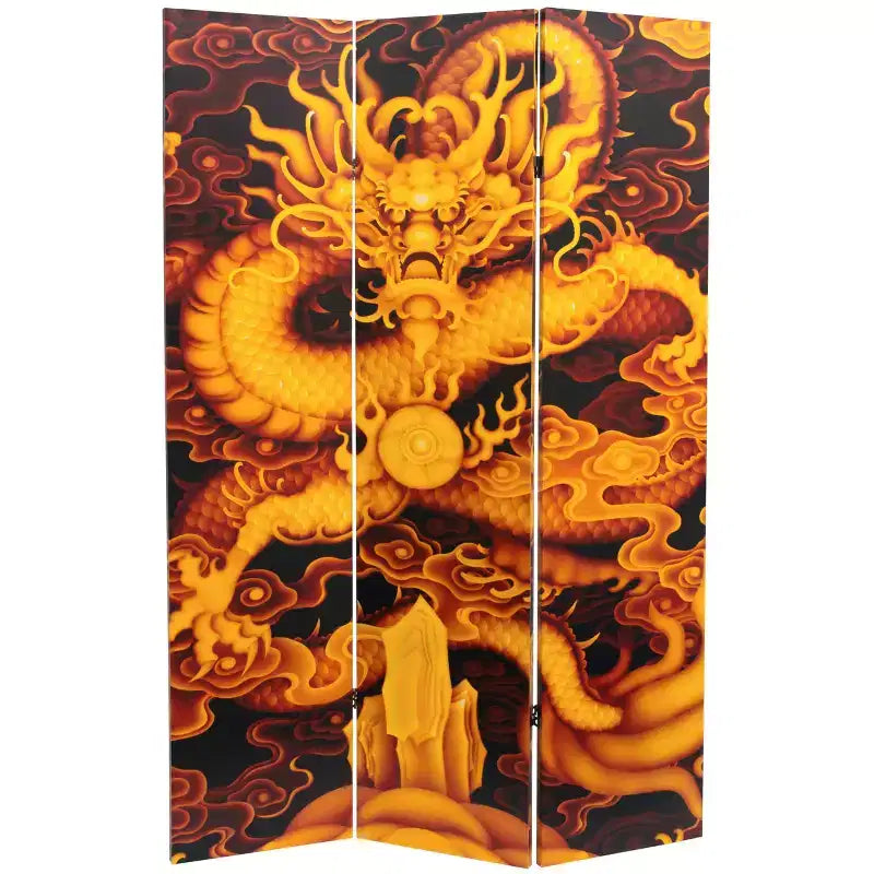 6" Dragon Fire on the Mountain Double Sided Room Divider - Oriental Furniture: No Assembly, Spruce Wood Frame
