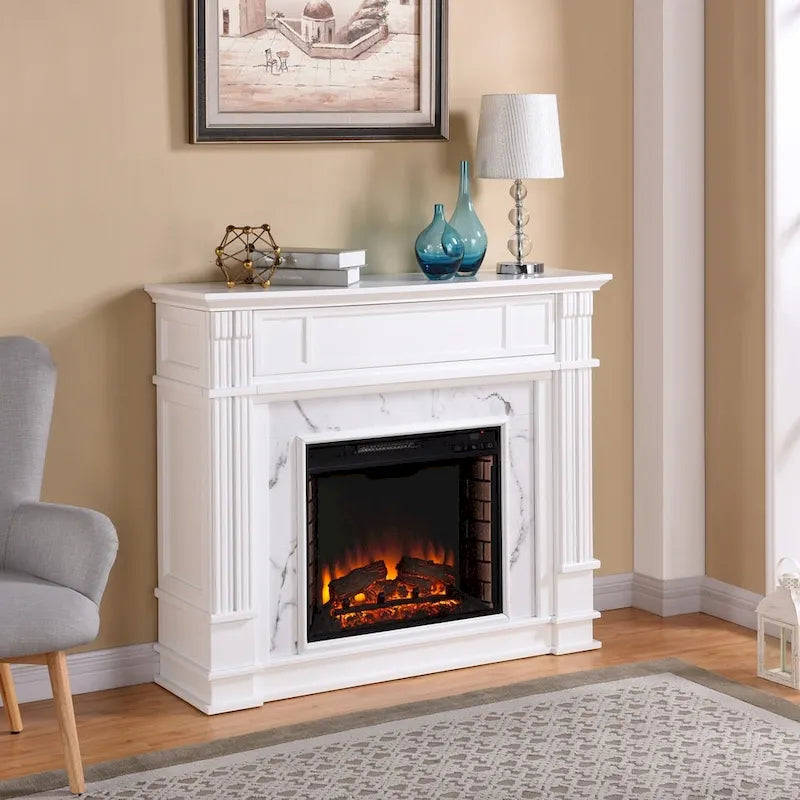 Cheminée électrique Occom SEI Furniture avec manteau en faux marbre et rangement média