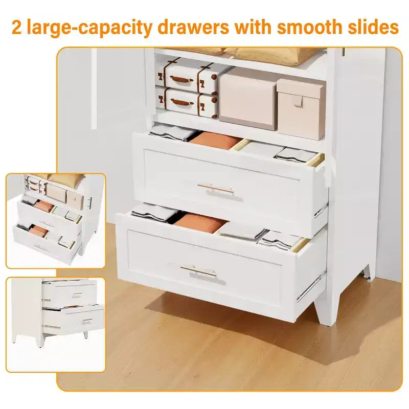 JVNOXK Armoire Métallique de 180 cm de Haut avec 2 Tiroirs et Tringle à Vêtements, Penderie à 2 Portes avec Étagère pour Chambre à Coucher, Blanc