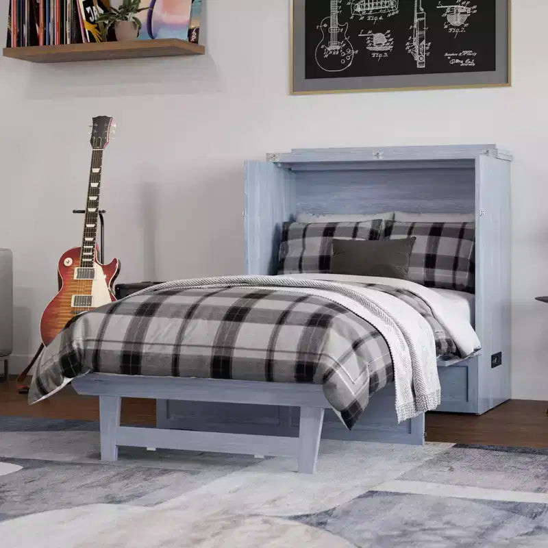 Coffre-lit escamotable avec matelas, lit jumeau XL, bleu/blanc, 1 personne