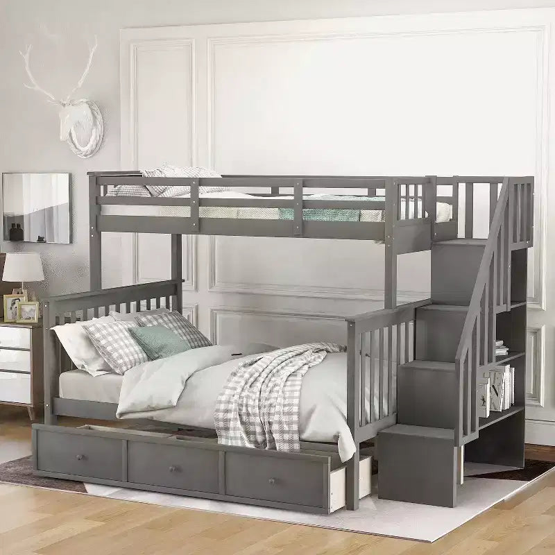 Lit superposé avec escalier, couchage double supérieur et couchage double inférieur, avec tiroir, rangement et garde-corps pour chambre à coucher, dortoir, pour adultes, couleur blanche