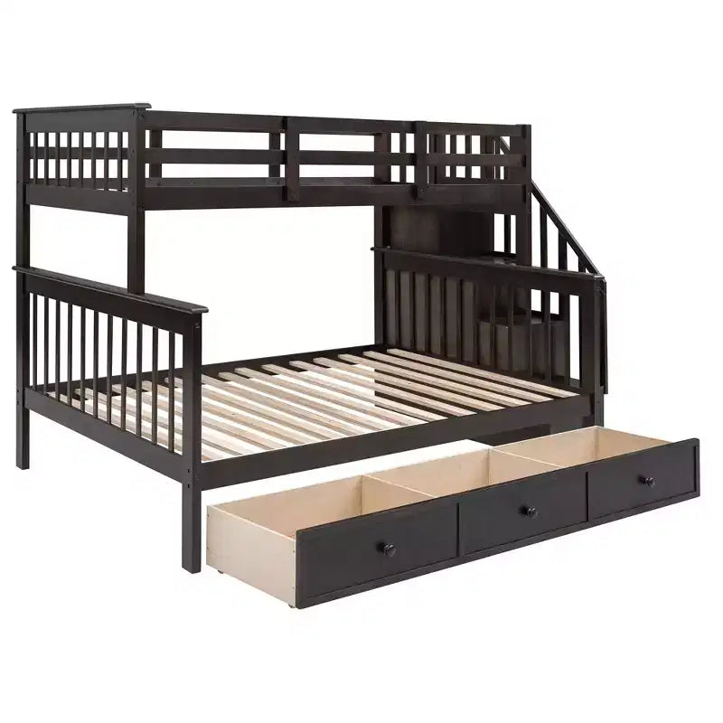 Lit superposé avec escalier, couchage double supérieur et couchage double inférieur, avec tiroir, rangement et garde-corps pour chambre à coucher, dortoir, pour adultes, couleur blanche